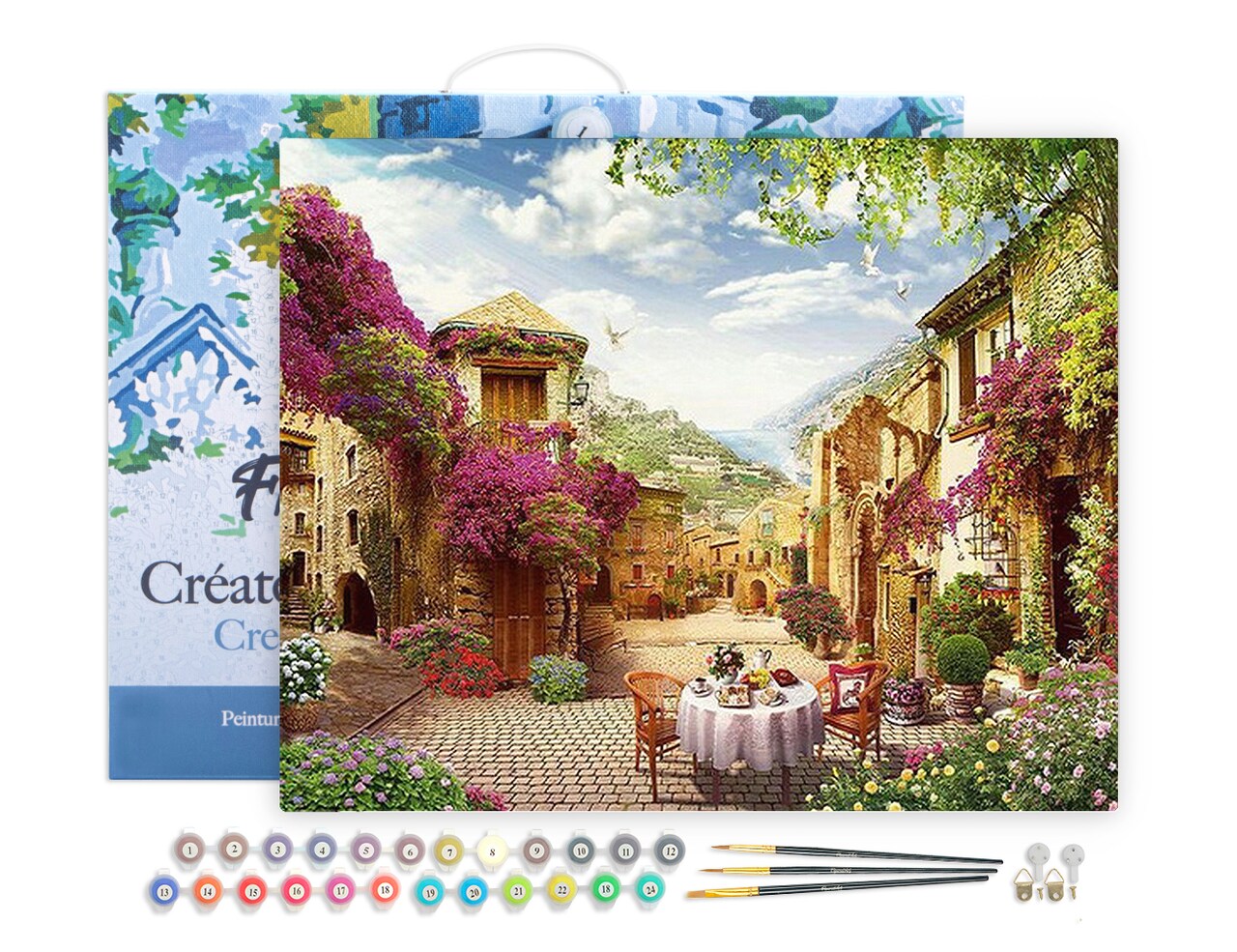 Figured'Art Paint by Numbers for Adults with Frame Breakfast in a Mediterranean village 16"x20" - Craft Art Painting DIY Kit Canvas Already Stretched on a Wooden Frame